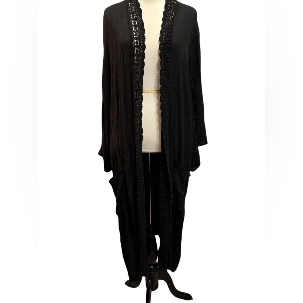 28. Elegant Black Long Kimono with Crochet Trim